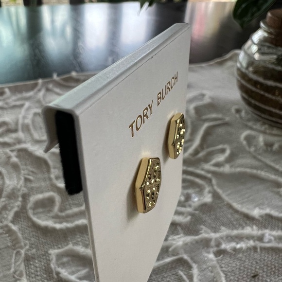 Tory Burch Gold Hexagon Stud Earrings - Picture 2 of 3